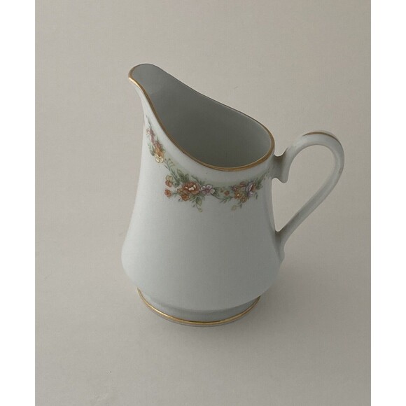 Vintage White Fine Porcelain Small 7 Ounces Creamer Gold Trimming and Flowers - Picture 2 of 10